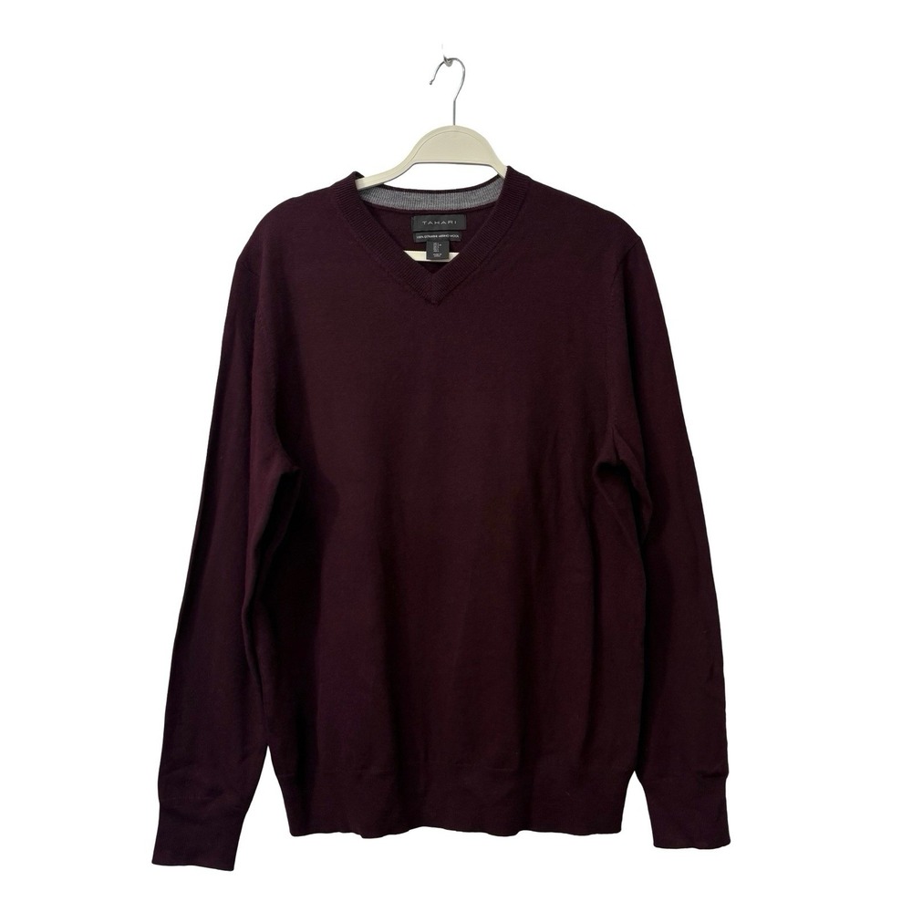 Tahari Burgundy Extra Fine Merino Wool V Neck Sweater Slim Fit Size Large